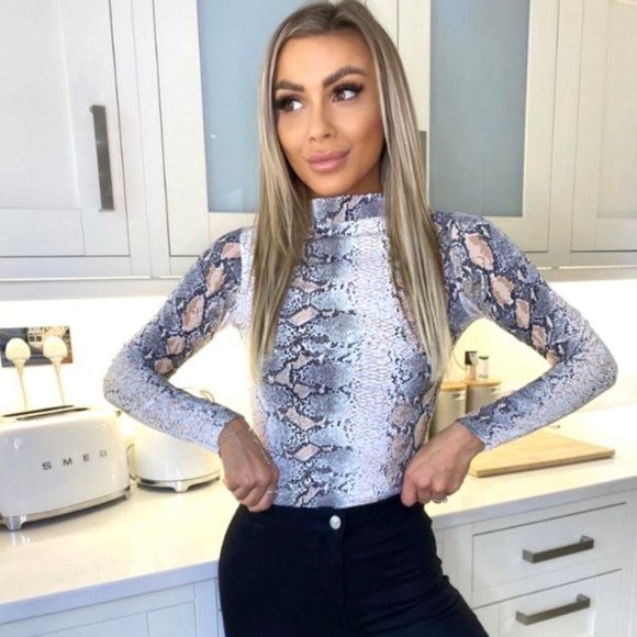 Snake Print Animal Print Long Sleeve High Neck Bodycon Bodysuit Top Leotard - Picture 3 of 5